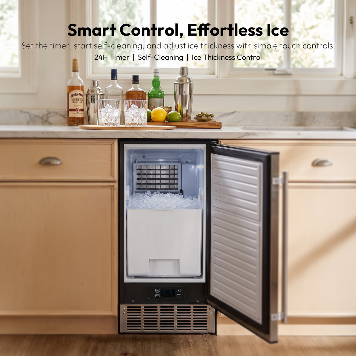 Lucid S2 ice maker open, showing a full ice bin beside a home bar