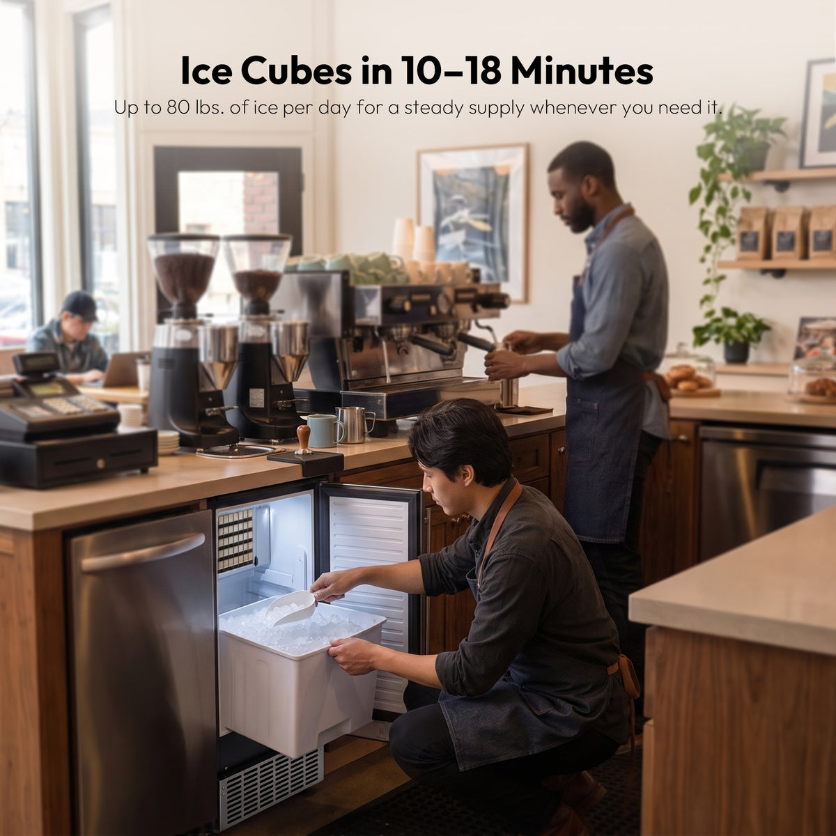 Cafe staff scooping ice from a Lucid S2 ice maker making 80 lbs daily