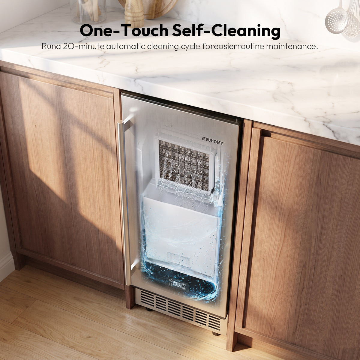 One-touch self-cleaning ice maker built under a marble kitchen counter, 20-minute cycle