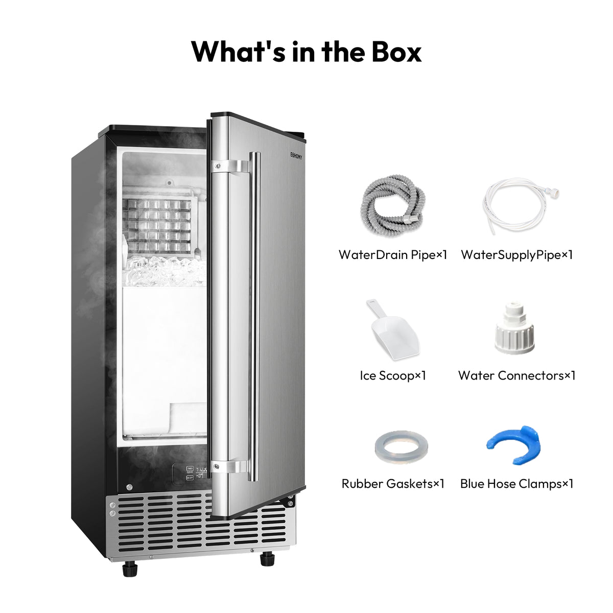 What's in the box for Lucid S2 ice maker: hoses, ice scoop, connectors, clamps