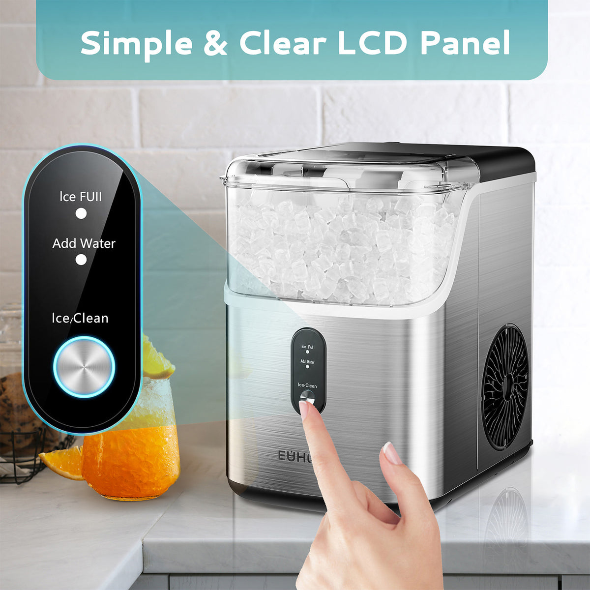 Euhomy nugget ice maker with simple LCD panel, ice full, add water, and ice clean indicators