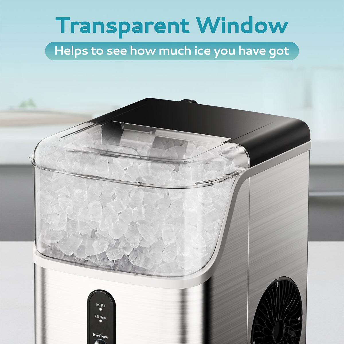 Euhomy Pearl L1 nugget ice maker with transparent window and stainless steel body