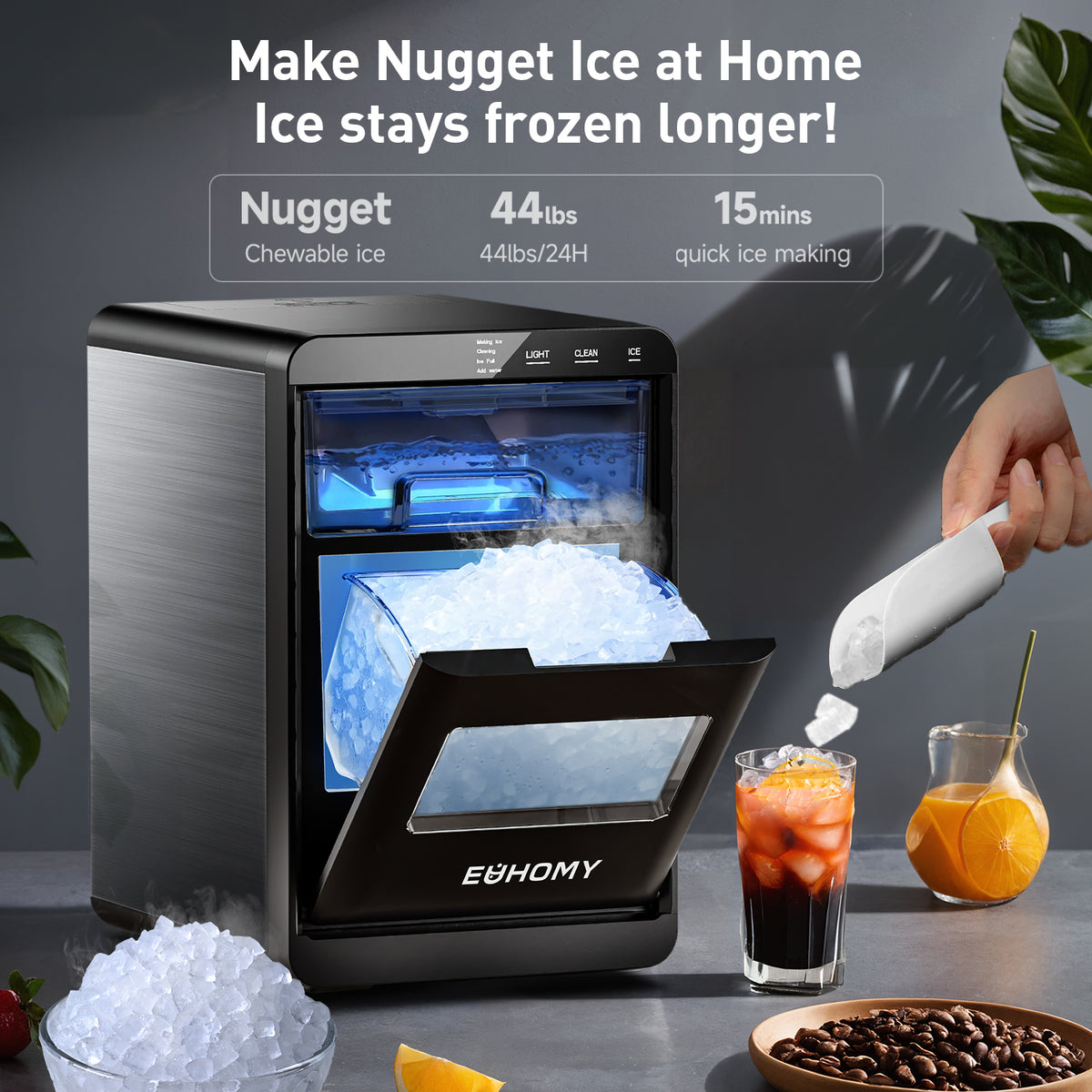 Euhomy nugget ice maker making chewable ice, 44 lbs in 24 hours, 15 min quick ice
