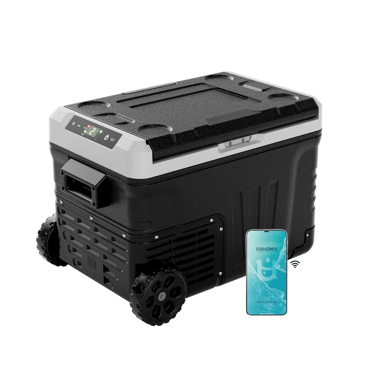 Euhomy Rover W2 portable car refrigerator with wheels beside a phone showing app control