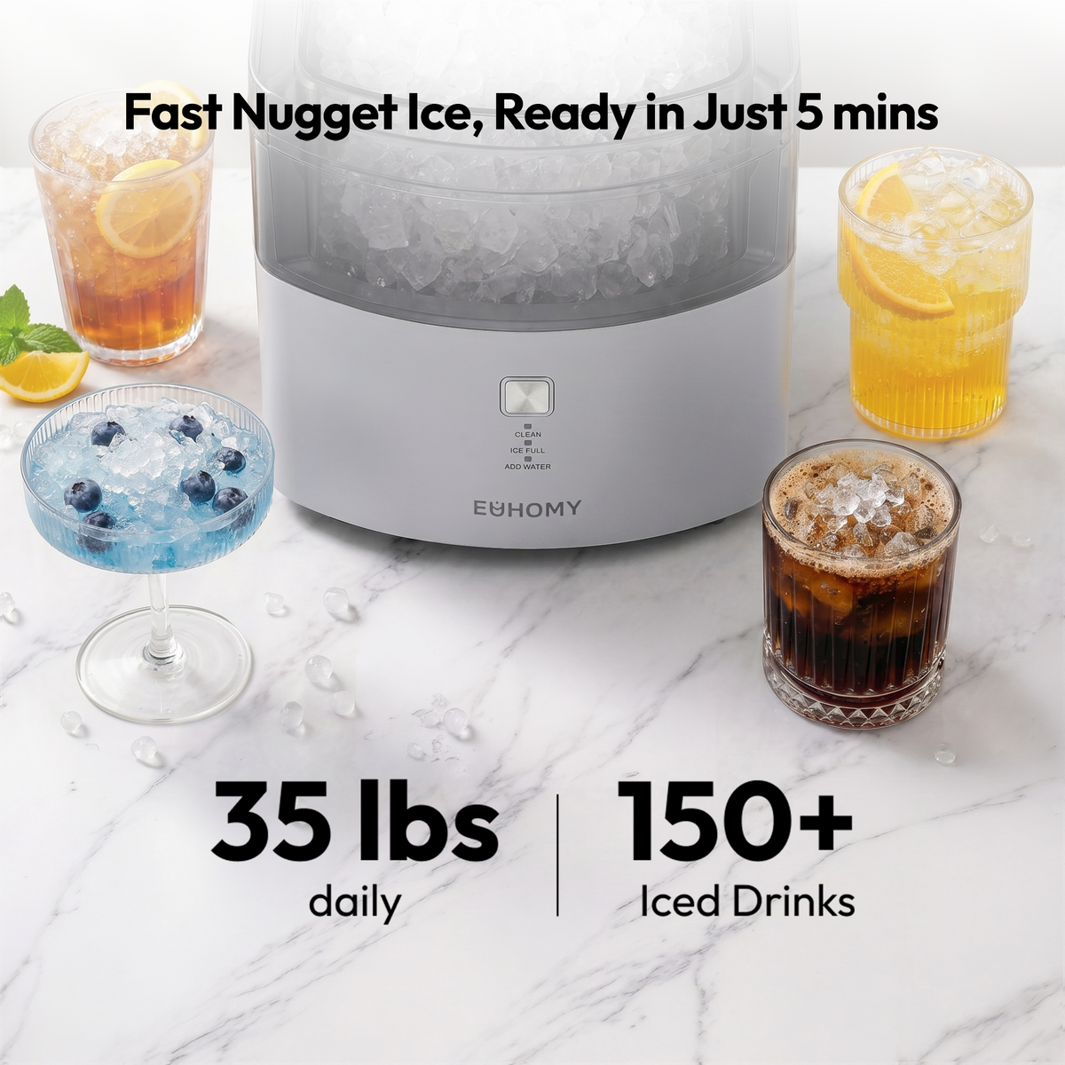 Euhomy Pearl L1 Max nugget ice maker with 35 lbs daily output and 150+ iced drinks