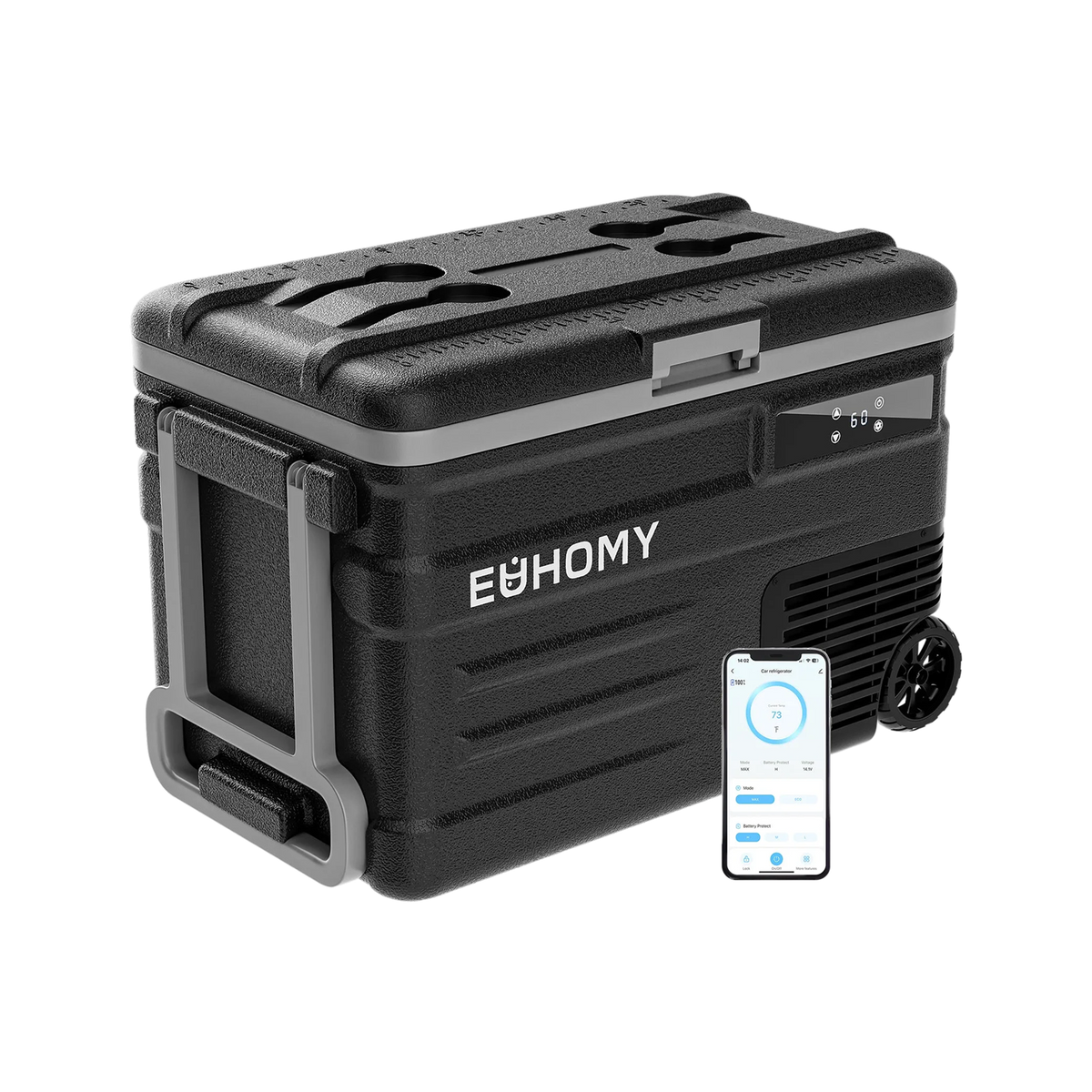 Euhomy Rover W3 portable car refrigerator with handle, wheels, and smart app control
