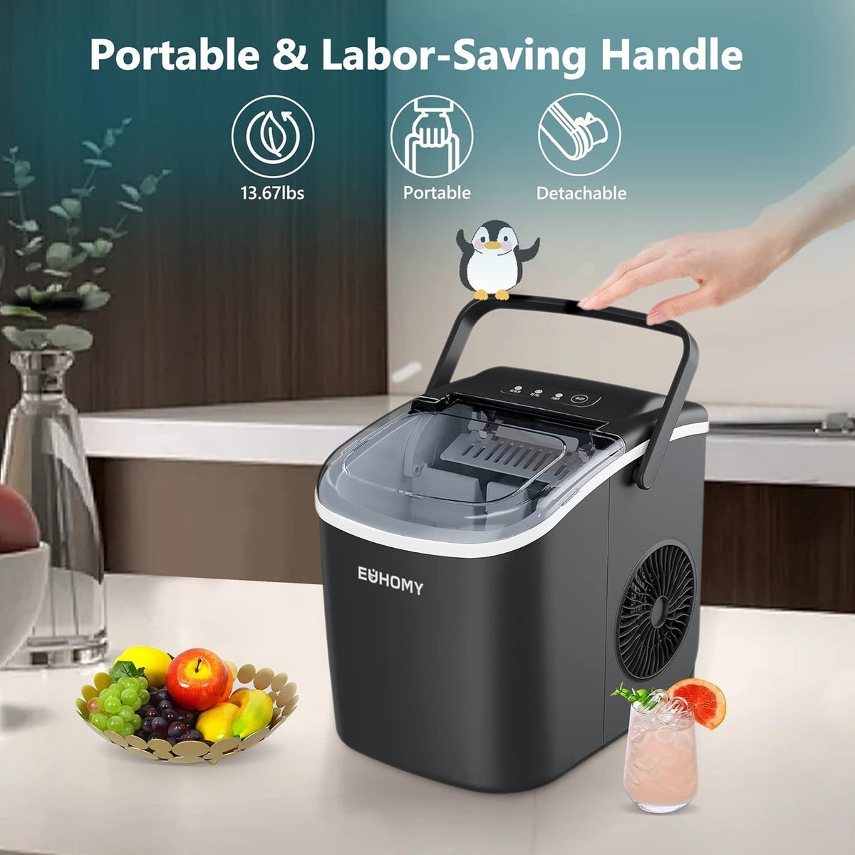 Euhomy portable bullet ice maker with detachable handle, 13.67 lbs