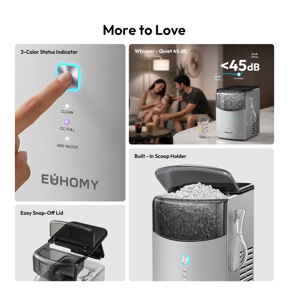 Euhomy Pearl L1 Max nugget ice maker with 3-color status indicator, quiet 45 dB, and built-in scoop holder