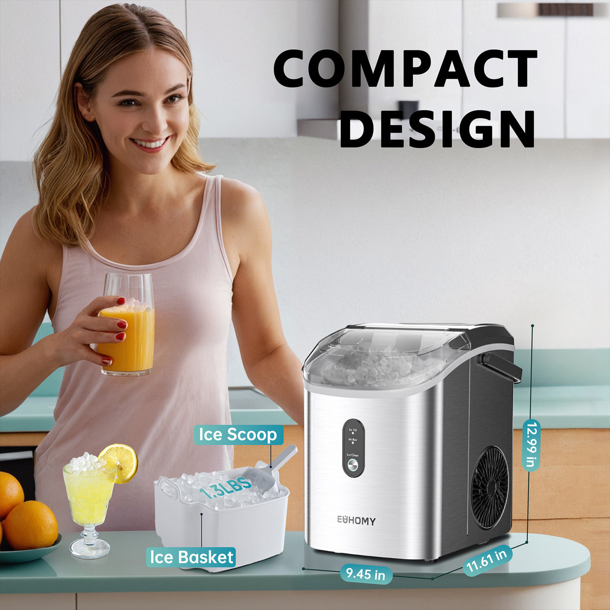 Euhomy compact nugget ice maker with scoop, ice basket, and 12.99-inch height
