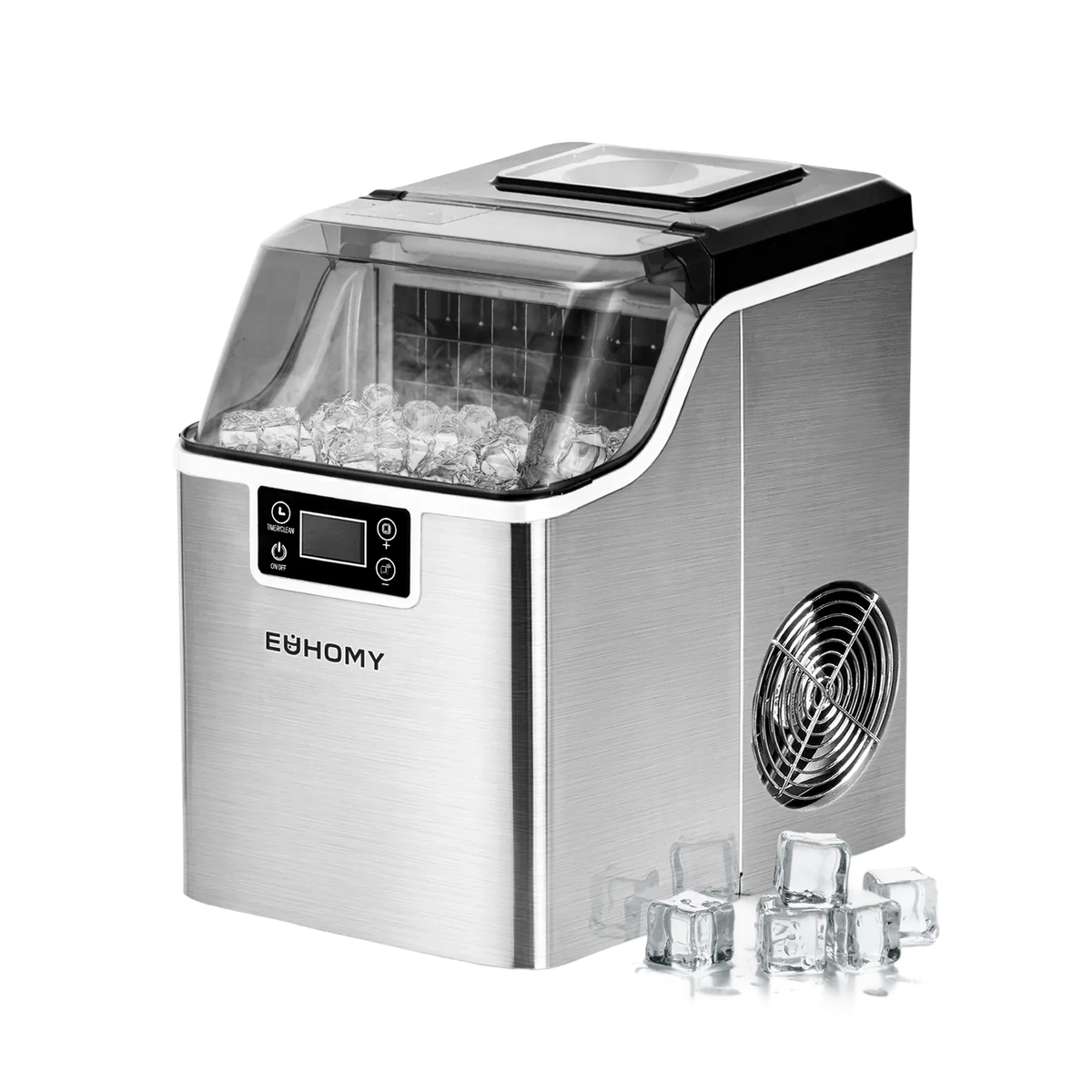 Euhomy stainless steel cube ice maker with transparent lid, control panel, and ice cubes