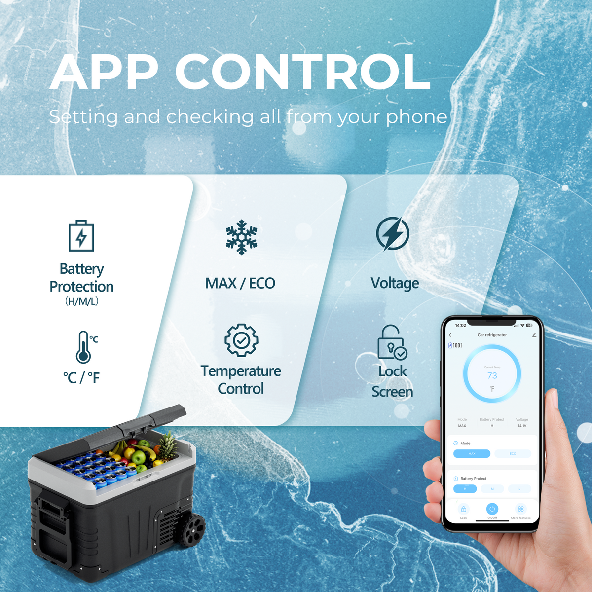 App control features for Rover W2 car fridge: temperature, MAX/ECO, battery protection, screen lock