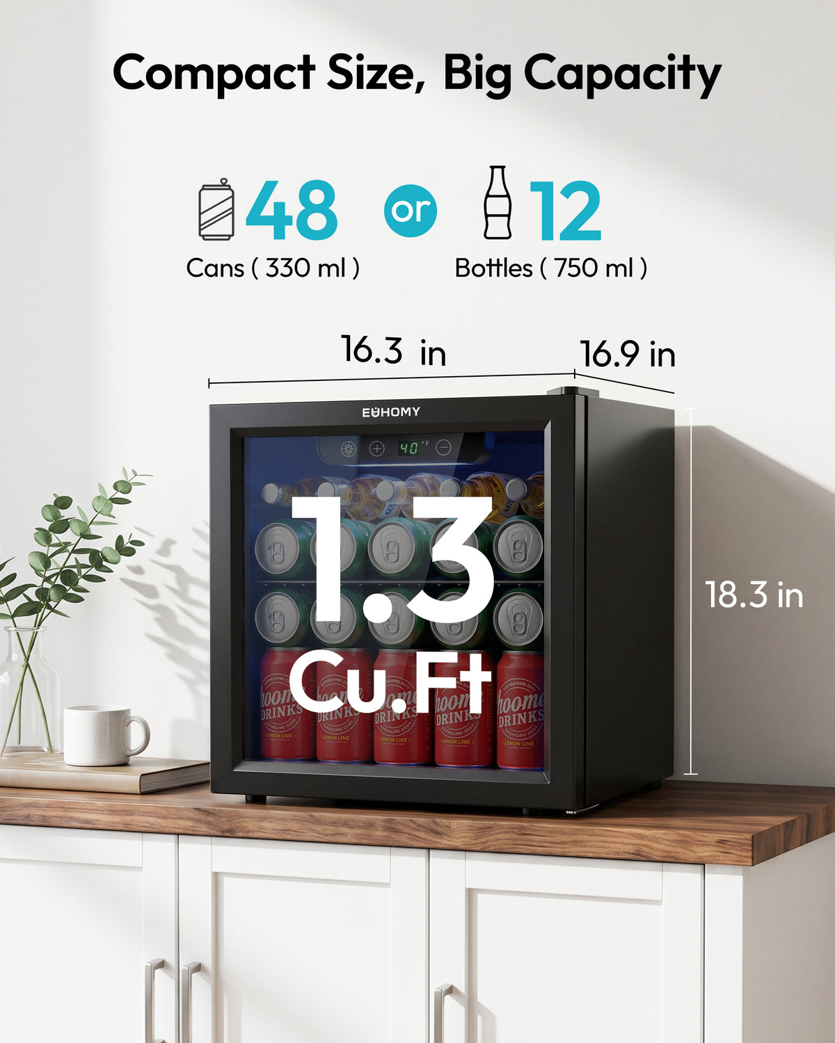 Euhomy Fizz 55 beverage refrigerator holds 48 cans or 12 bottles, 1.3 cu ft