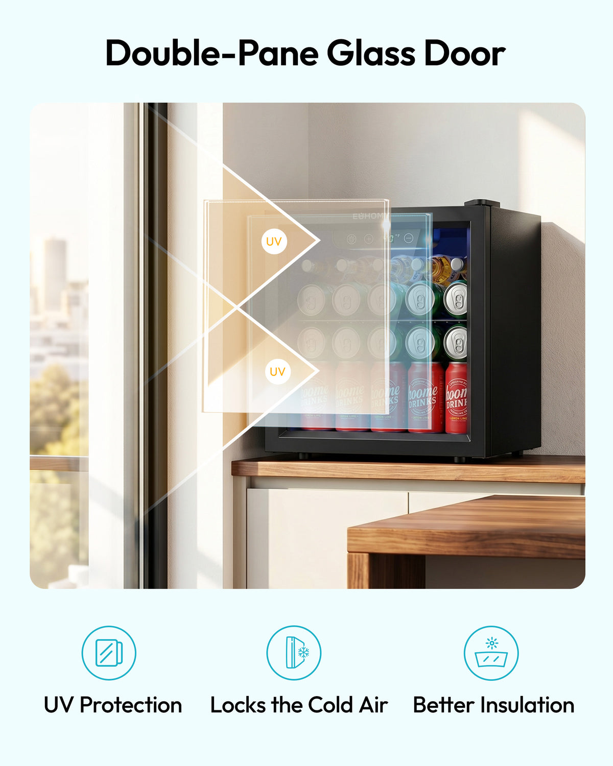 Euhomy Fizz 55 beverage refrigerator with double-pane glass door, UV protection