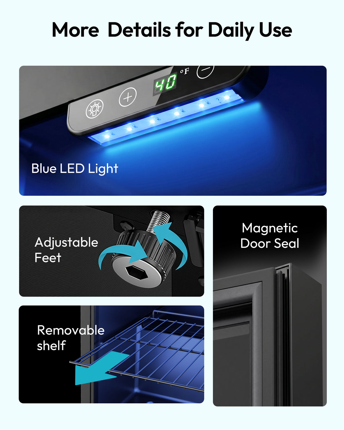 Euhomy beverage refrigerator features blue LED light, adjustable feet, removable shelf, and magnetic door seal