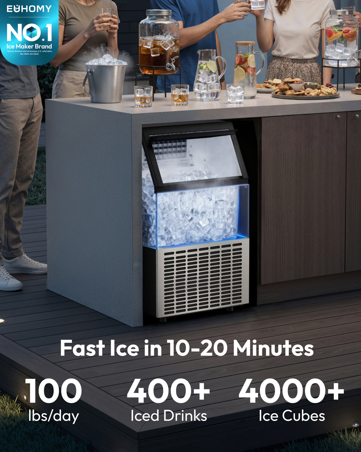 Euhomy Lucid M1 commercial cube ice maker in outdoor bar setup, 100 lbs/day