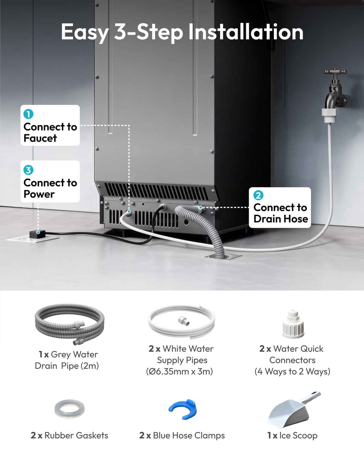 Euhomy commercial ice maker easy 3-step installation with faucet, drain hose, and power connections