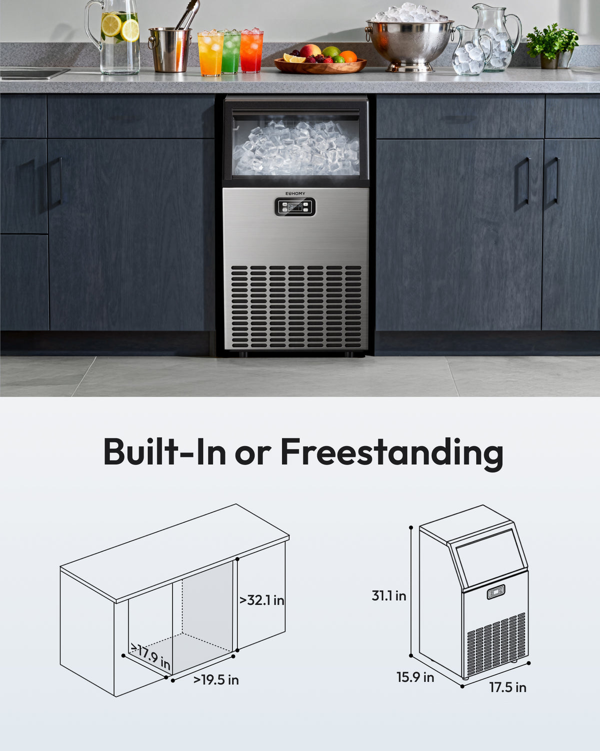 Euhomy Lucid M1 cube commercial ice maker built-in or freestanding under counter