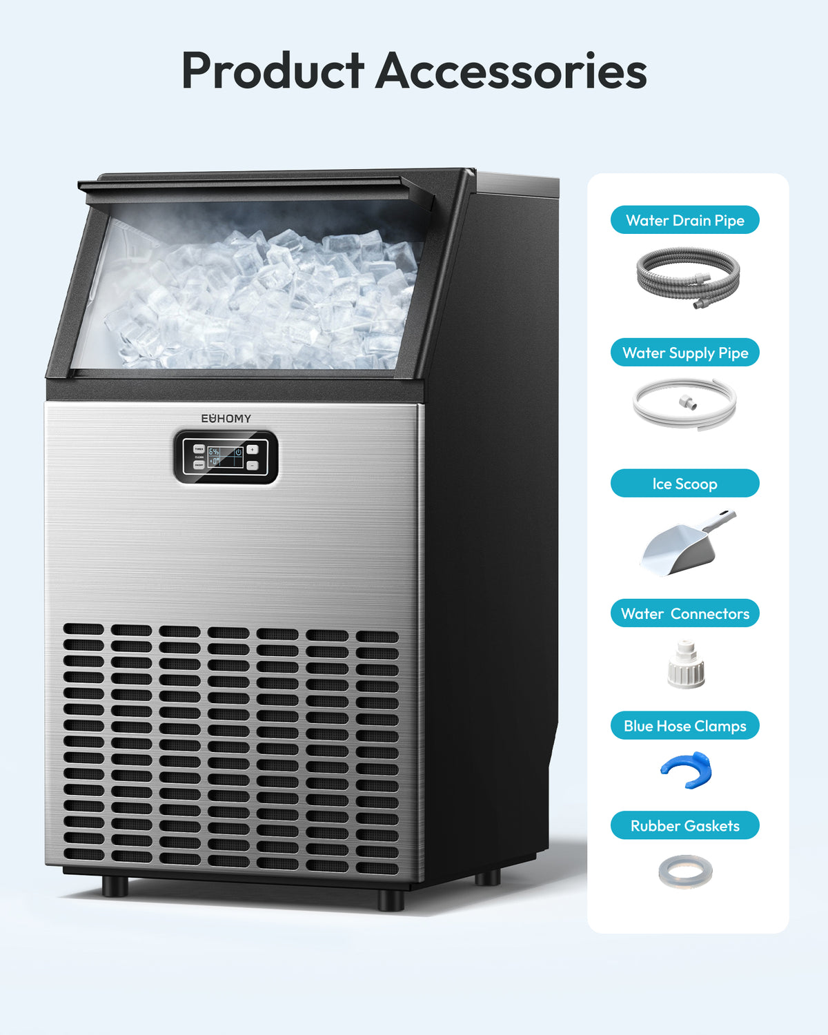 Euhomy commercial cube ice maker with water pipes, ice scoop, connectors, clamps and gaskets