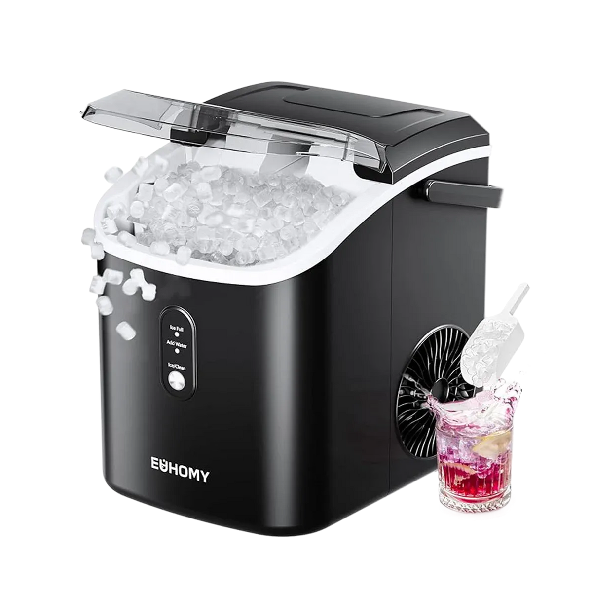 Euhomy Pearl H1 nugget ice maker in black with clear lid and ice scoop