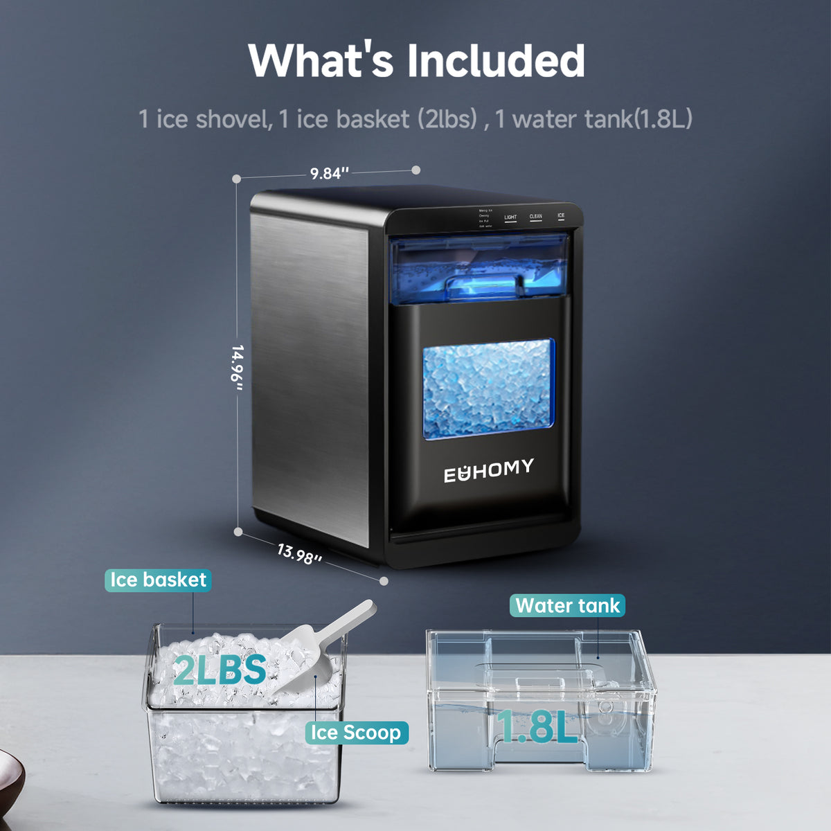 Euhomy Pearl L1 Plus nugget ice maker with 2lb basket, ice scoop and 1.8L water tank