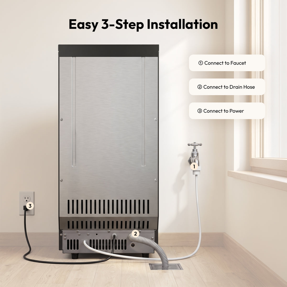Three-step installation of the Lucid S2 ice maker: faucet, drain hose and power