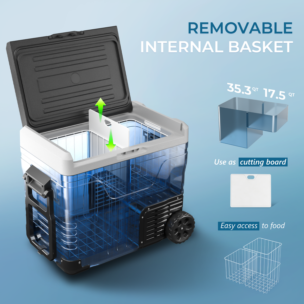 Removable internal basket and cutting-board lid inside the 53-quart Rover W2 car fridge