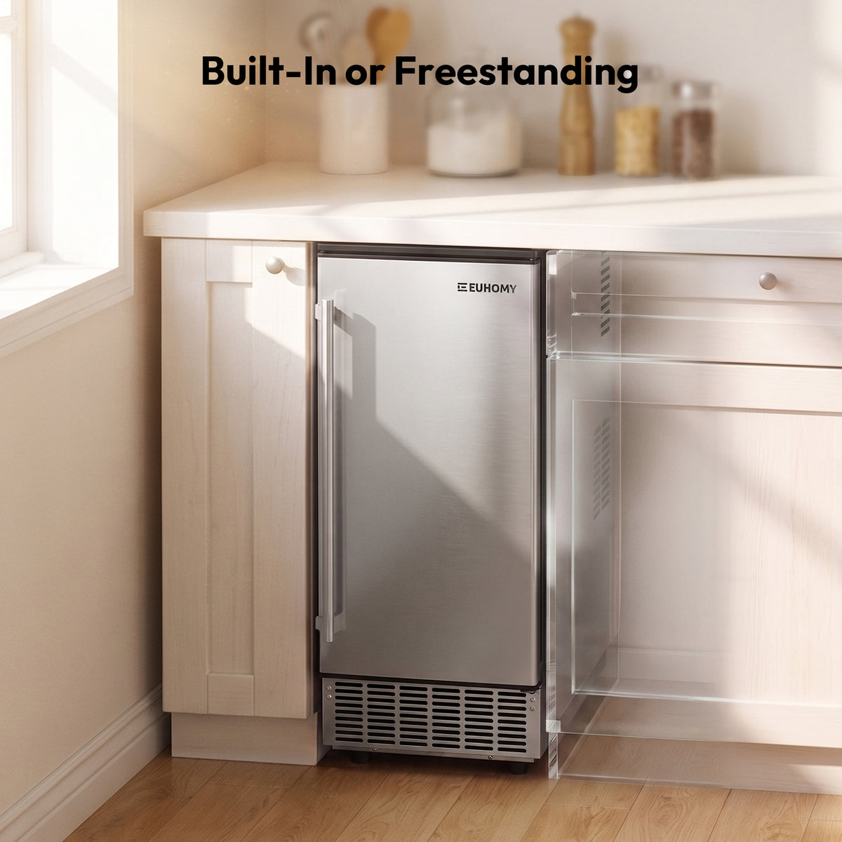 Lucid S2 stainless ice maker installed built-in or freestanding beside kitchen cabinets