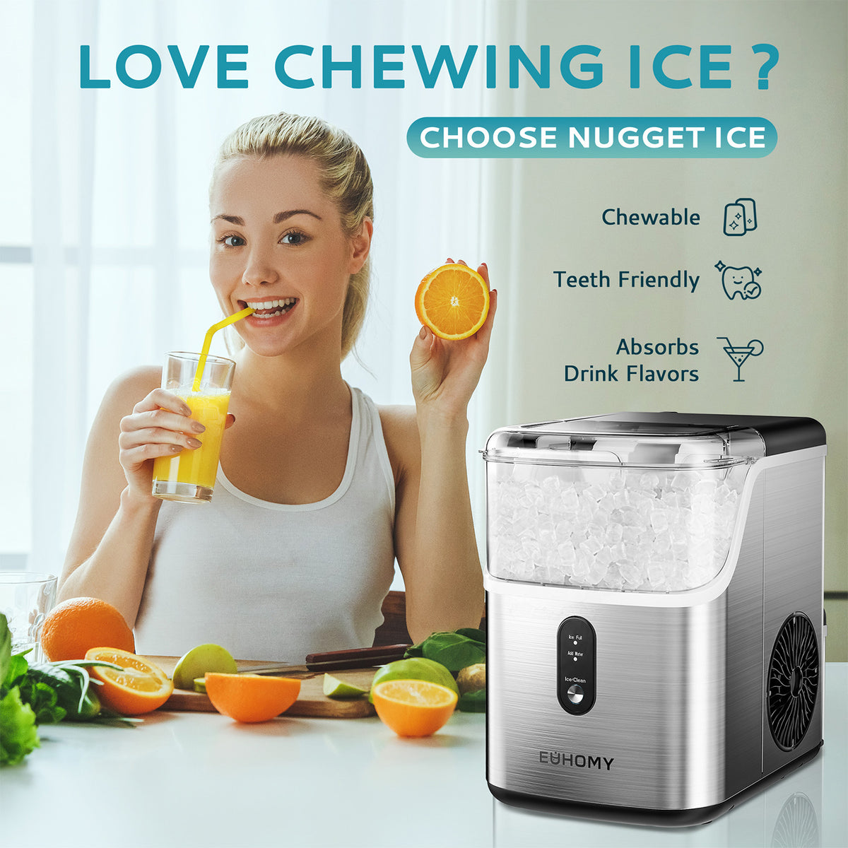 Euhomy nugget ice maker with chewable ice for drinks, stainless steel countertop