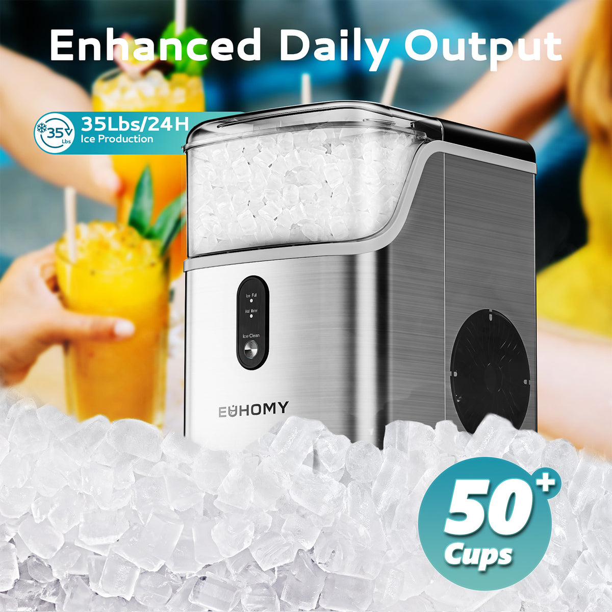 Euhomy Pearl L1 nugget ice maker with stainless steel finish and 35 lbs/24h output