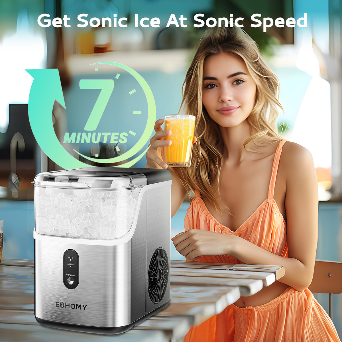 Euhomy nugget ice maker producing ice in 7 minutes, stainless steel countertop design