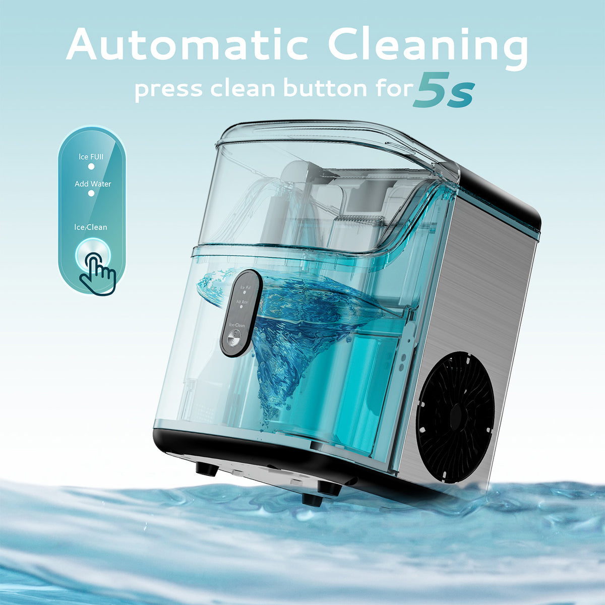 Euhomy Pearl L1 nugget ice maker with automatic cleaning, press clean button for 5s