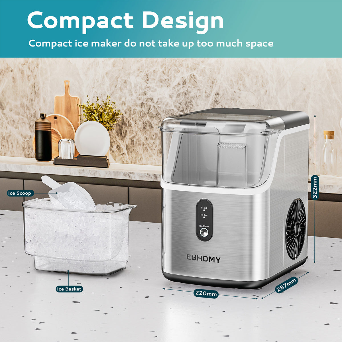 Euhomy Pearl L1 nugget ice maker compact stainless steel countertop design with ice basket and scoop