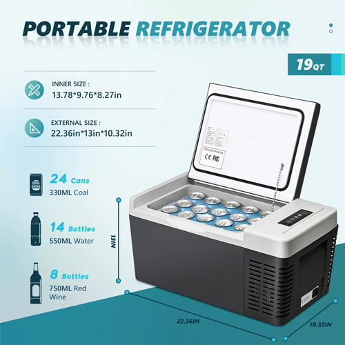 Euhomy Rover A1 portable refrigerator 19QT, compact black and white car cooler with open lid
