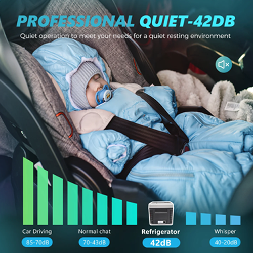 Euhomy Rover A1 car refrigerator promotional graphic showing 42dB quiet operation and cooling modes