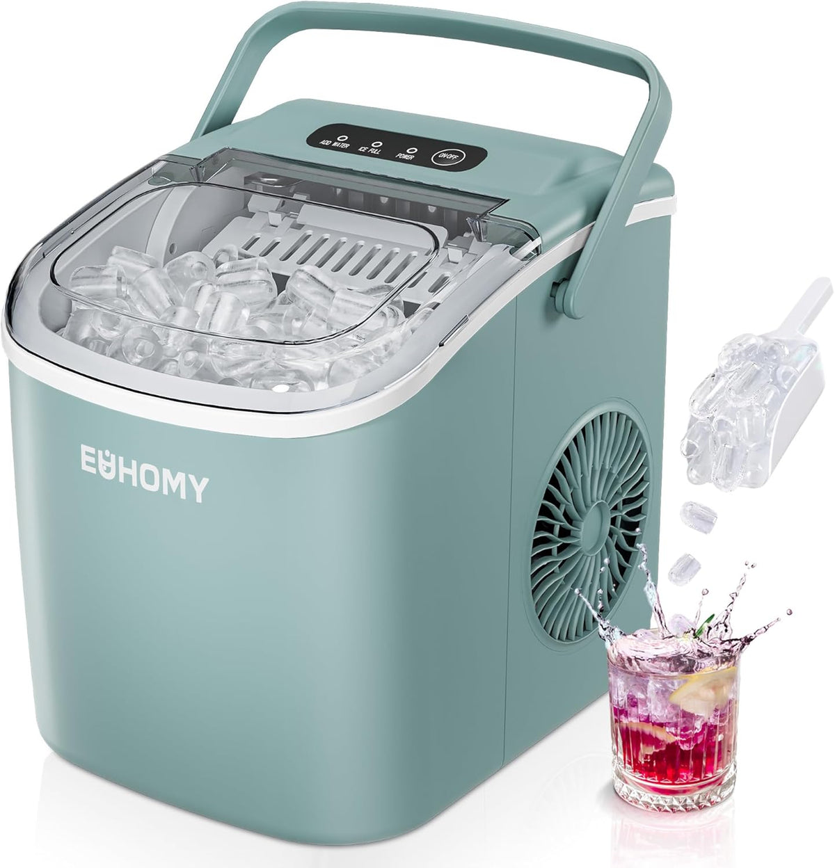 Euhomy Dart H1 bullet ice maker in mint green with clear lid and ice basket