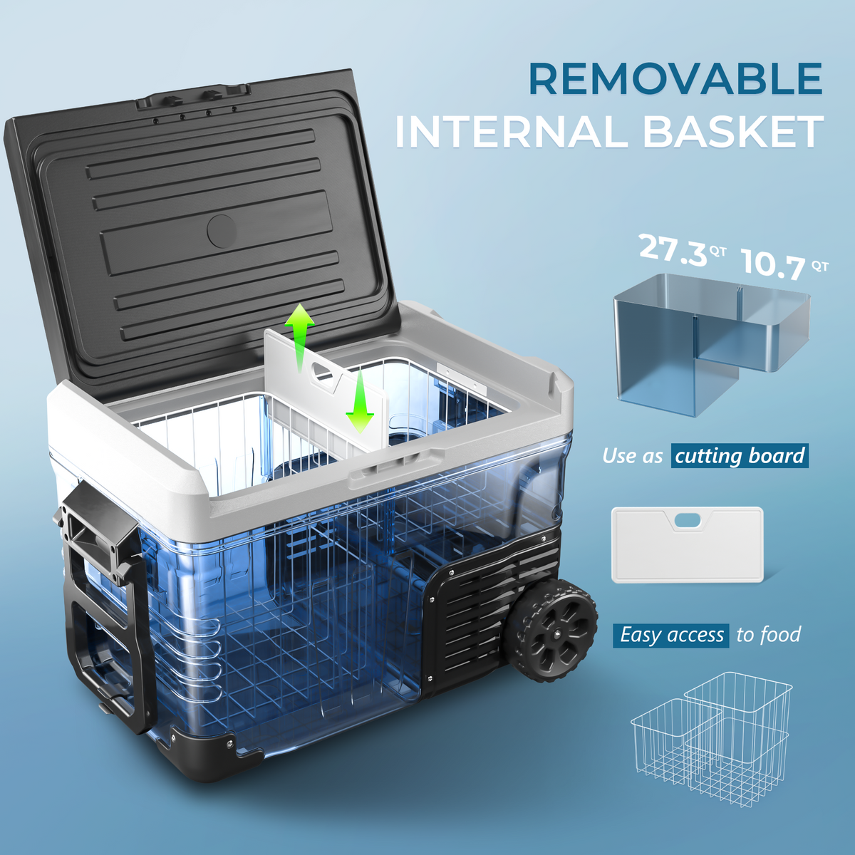 Rover W2 37-quart car fridge with removable internal basket and cutting-board style lid