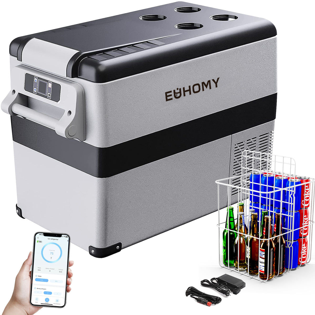 Euhomy Rover H1 portable car refrigerator with app control, dual storage basket, and AC/DC adapters
