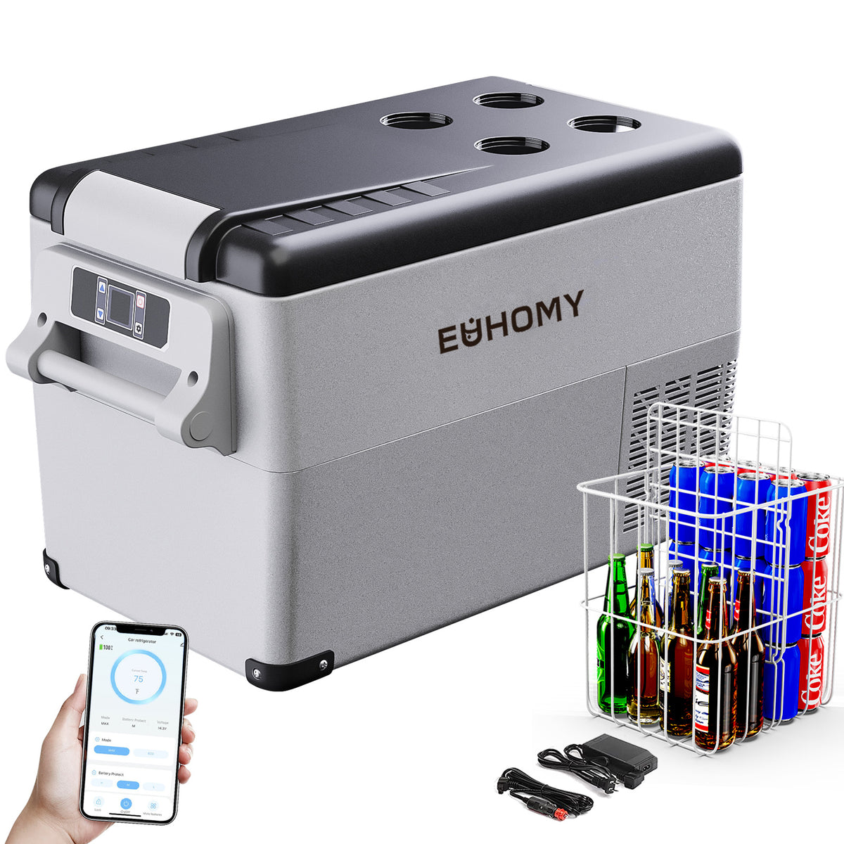 Euhomy Rover H1 portable car refrigerator with APP control, dual storage basket, and AC/DC adapters