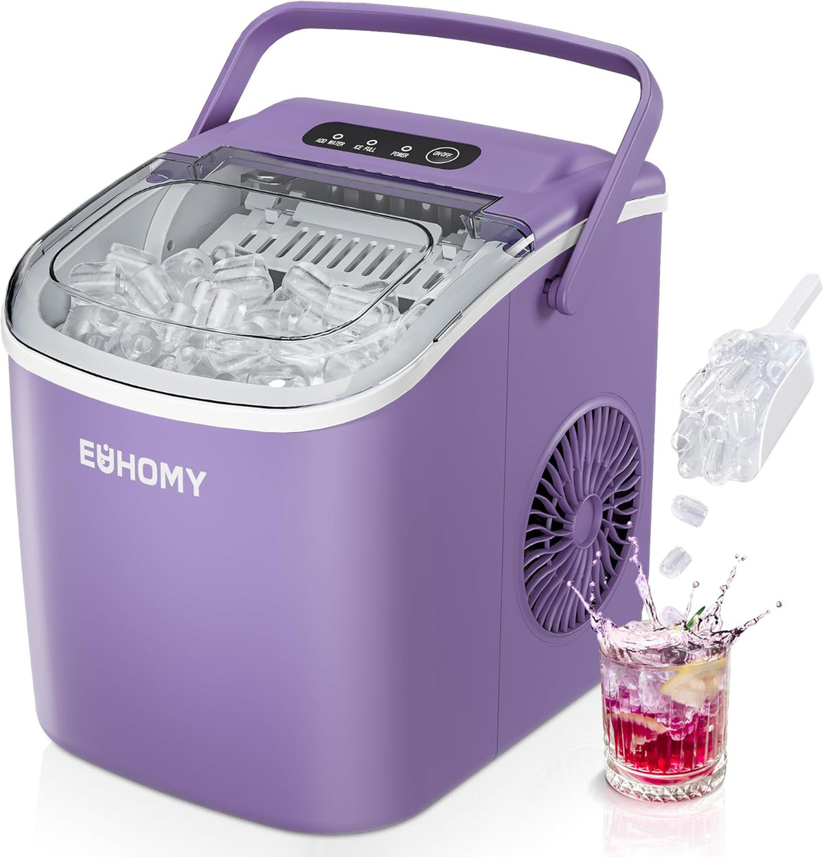 Purple Euhomy bullet ice maker with transparent lid, carry handle, and ice scoop