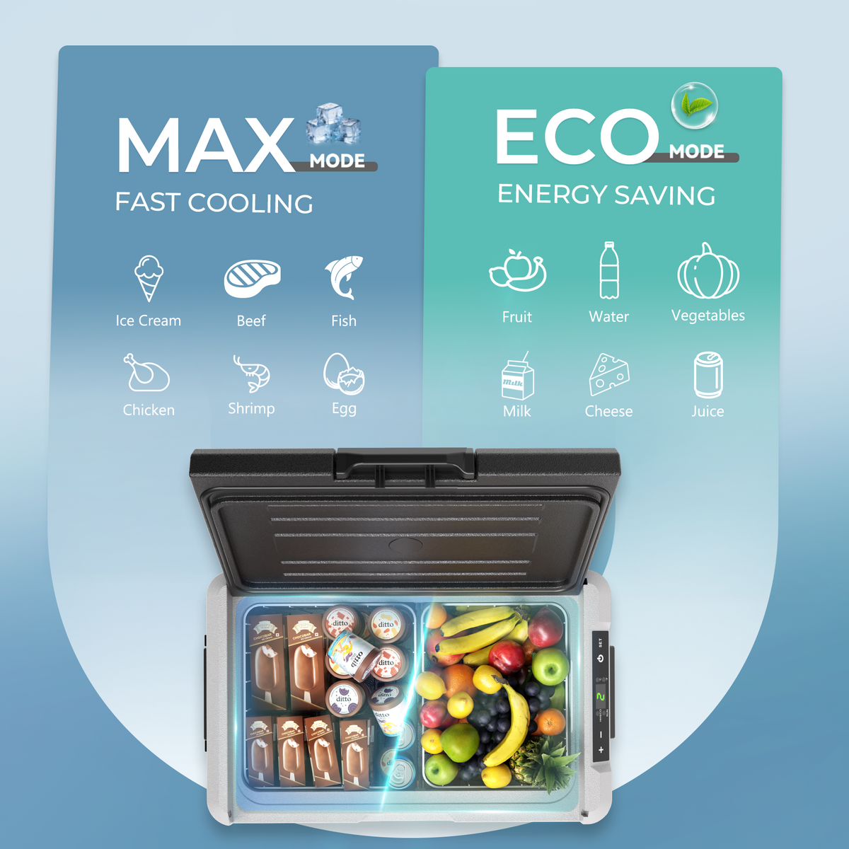 MAX fast cooling and ECO energy-saving modes for chilling drinks, meat, fruit and dairy