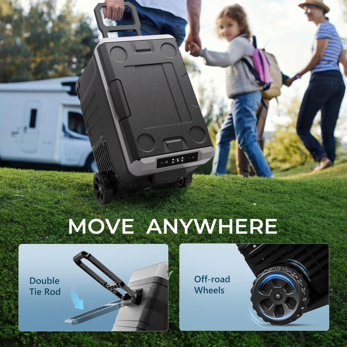 Family pulling a Rover W2 car fridge on grass with telescoping handle and off-road wheels