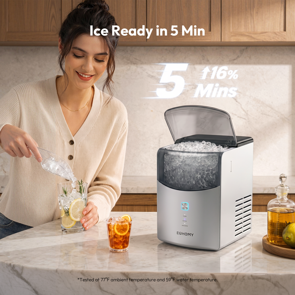 Euhomy Pearl L1 Max nugget ice maker with clear lid, making ice in 5 minutes
