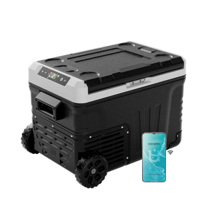 Euhomy Rover W2 portable car refrigerator with wheels beside a phone showing app control