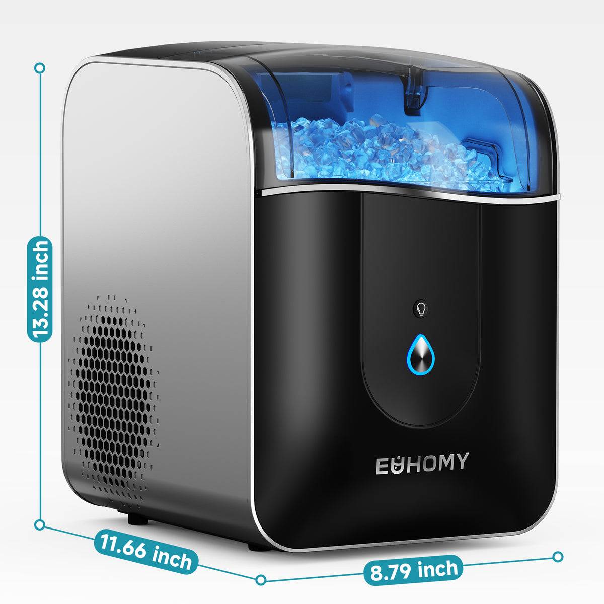 Euhomy Pearl L1 Pro nugget ice maker with transparent ice bin, blue interior light, and compact black-silver design