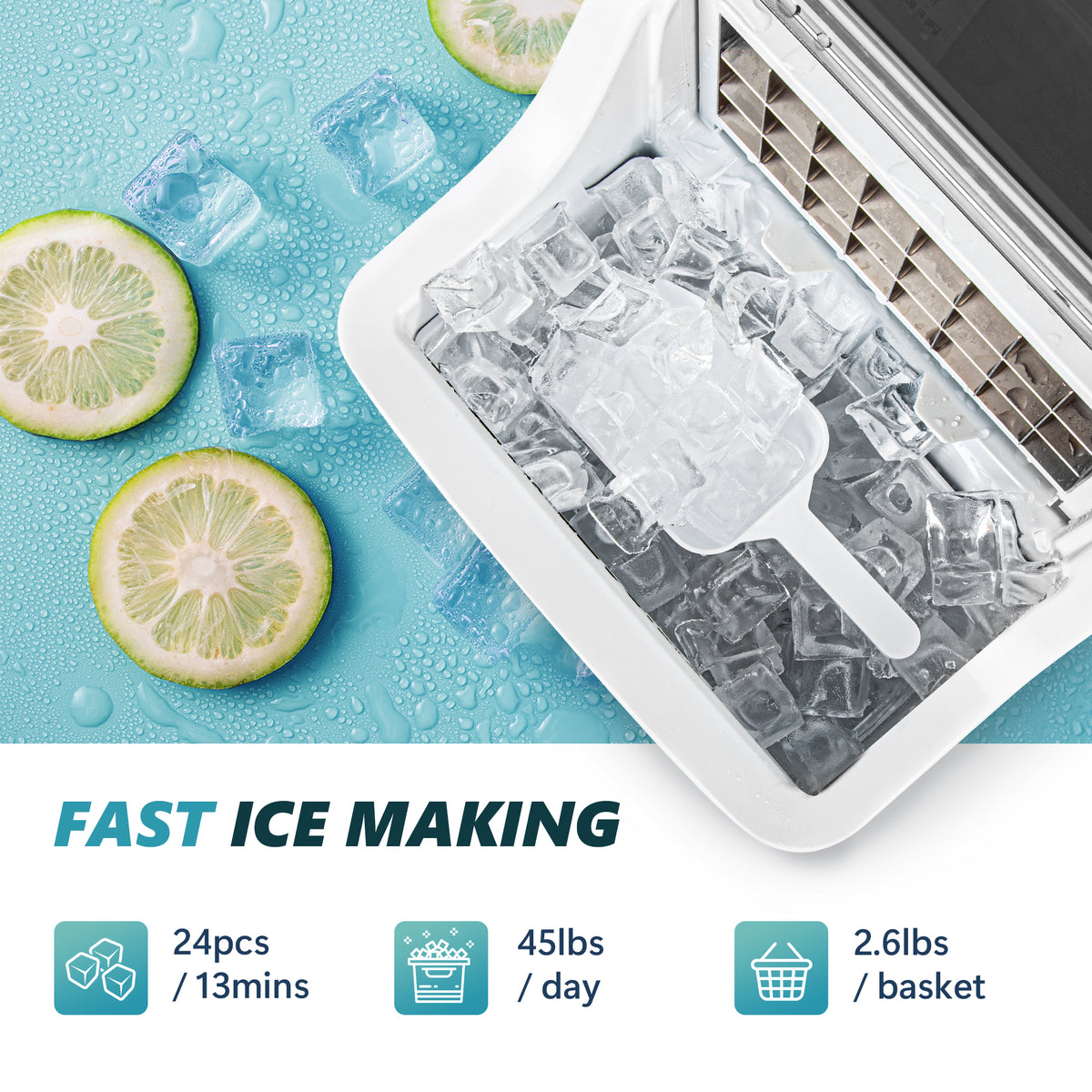 Euhomy Tile Plus Cube Ice Maker with fast ice making, 24pcs in 13 mins, 45lbs per day