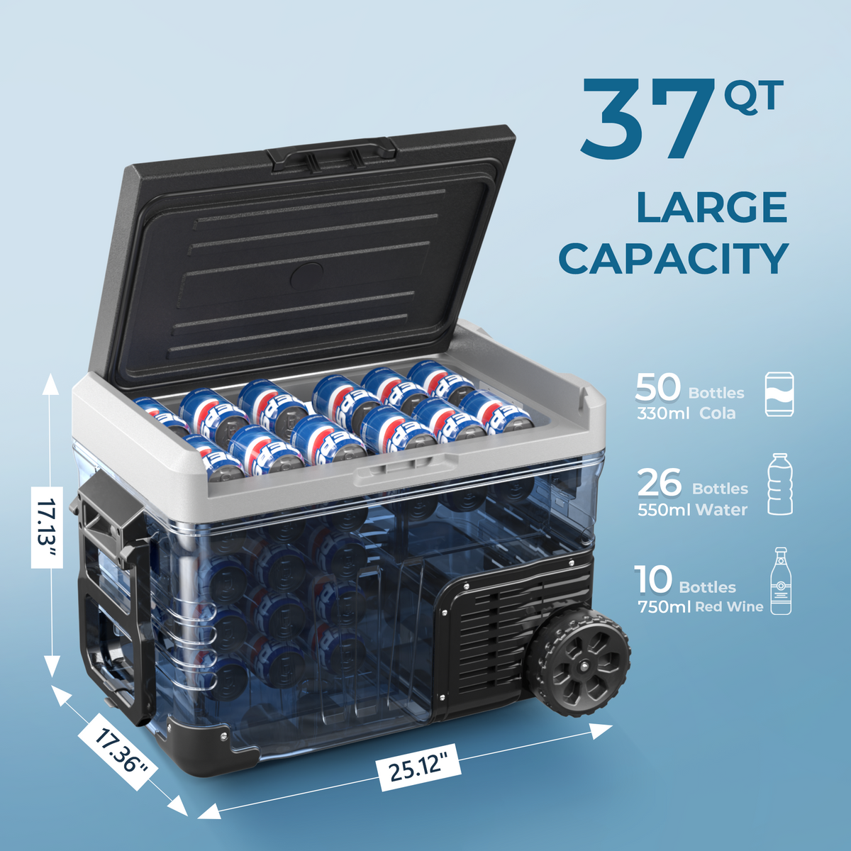 37-quart Rover W2 car fridge holding 50 soda cans with exterior dimensions labeled