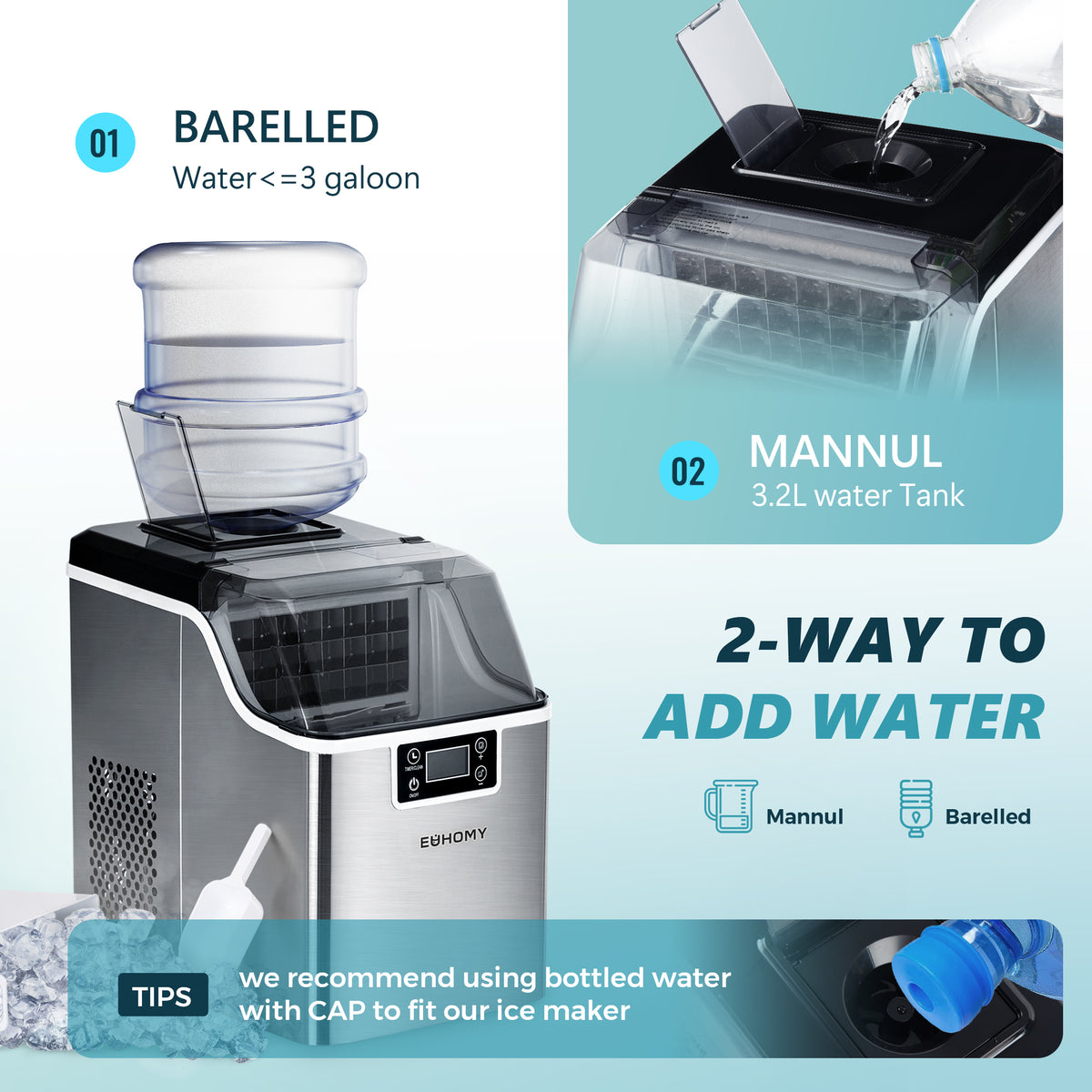 Euhomy ice maker with 2-way water add design, 3.2L tank and bottled water option