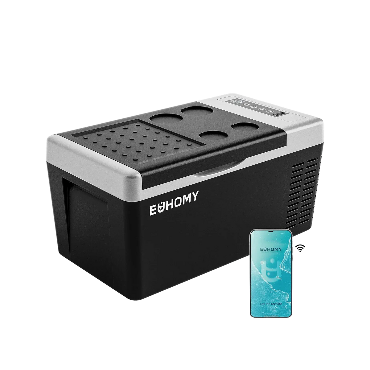 Euhomy Rover A1 portable car refrigerator, black and silver compact compressor cooler with app control
