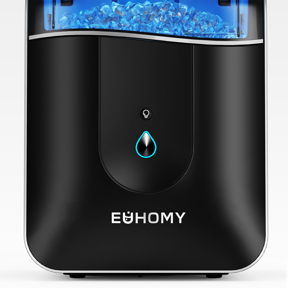 Euhomy Pearl L1 Pro nugget ice maker in black with glowing water indicator and blue ice bin