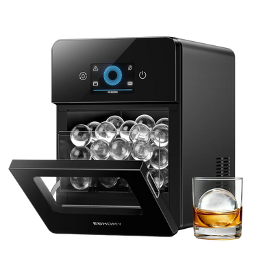 Euhomy Rock SE sphere ice maker with clear ice spheres and whiskey glass
